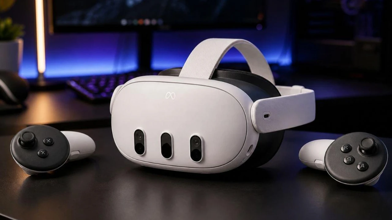 Headset Meta Quest com controles de realidade virtual, ilustrando diferenças entre jogos autônomos e PCVR.
