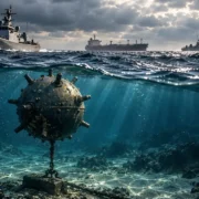 Ilustração de uma mina naval esférica ancorada no fundo do mar, com navios militares e uma embarcação mercante navegando na superfície.