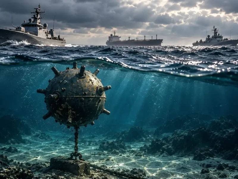 Ilustração de uma mina naval esférica ancorada no fundo do mar, com navios militares e uma embarcação mercante navegando na superfície.
