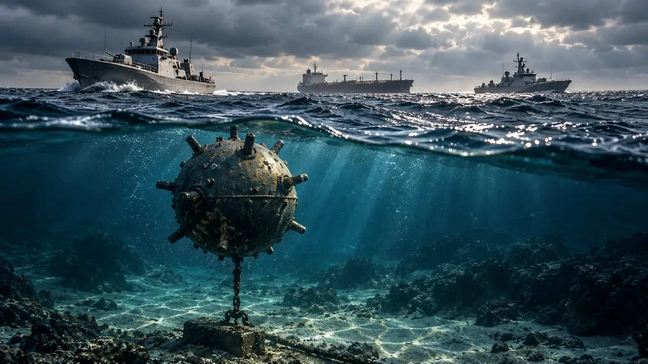 Ilustração de uma mina naval esférica ancorada no fundo do mar, com navios militares e uma embarcação mercante navegando na superfície.