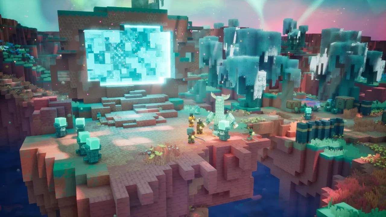 Quatro personagens de Minecraft Dungeons II enfrentam inimigos na nova dimensão Sift