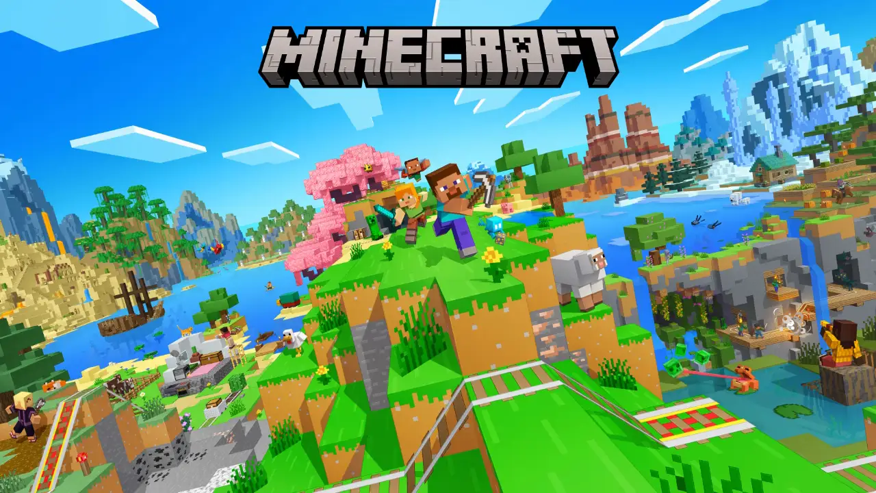 Steve e Alex exploram um mundo de Minecraft com ovelhas, árvores, montanhas e diferentes biomas em arte promocional do jogo.