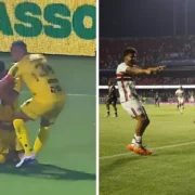 Jogadores do Mirassol comemoram em campo, à esquerda, enquanto atletas do São Paulo celebram um gol, à direita, em montagem para o Brasileirão 2026.
