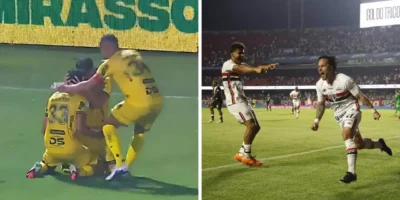 Jogadores do Mirassol comemoram em campo, à esquerda, enquanto atletas do São Paulo celebram um gol, à direita, em montagem para o Brasileirão 2026.