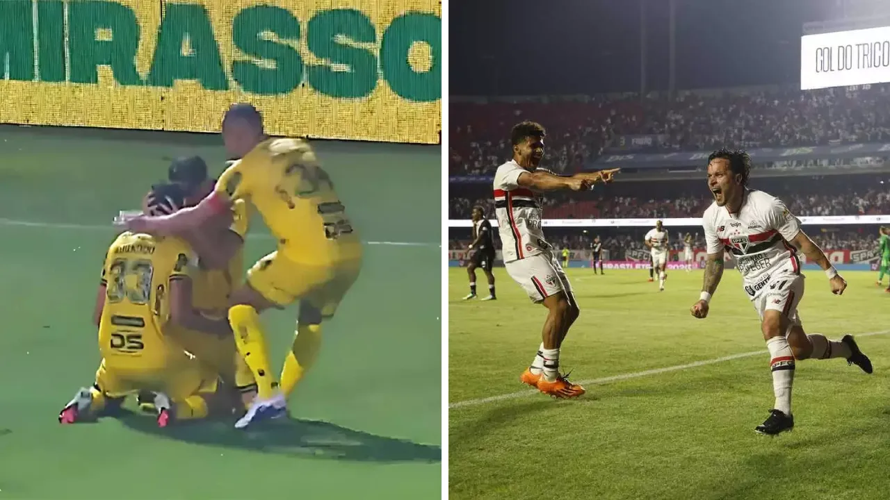 Jogadores do Mirassol comemoram em campo, à esquerda, enquanto atletas do São Paulo celebram um gol, à direita, em montagem para o Brasileirão 2026.