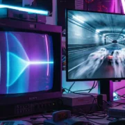 Monitor CRT antigo ao lado de monitor OLED moderno em comparação visual de tecnologias de tela para videogames.