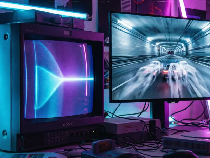 Monitor CRT antigo ao lado de monitor OLED moderno em comparação visual de tecnologias de tela para videogames.