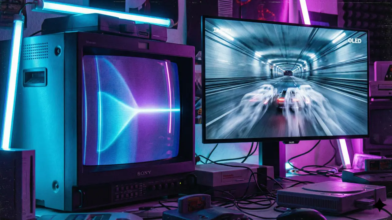 Monitor CRT antigo ao lado de monitor OLED moderno em comparação visual de tecnologias de tela para videogames.