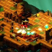 Cena de My Octopus Friend mostra personagens em combate sobre plataformas de madeira, com ataques luminosos, caixas e estruturas cercadas por água.
