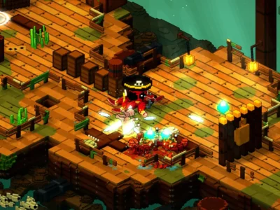 Cena de My Octopus Friend mostra personagens em combate sobre plataformas de madeira, com ataques luminosos, caixas e estruturas cercadas por água.