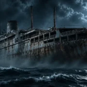Navio fantasma antigo e enferrujado navega em um mar escuro, cercado por névoa e iluminado pela lua cheia.