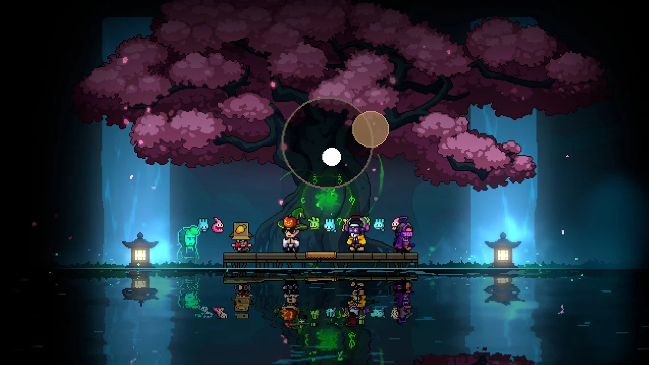 Quatro personagens reunidos em cenário de Neon Abyss 2
