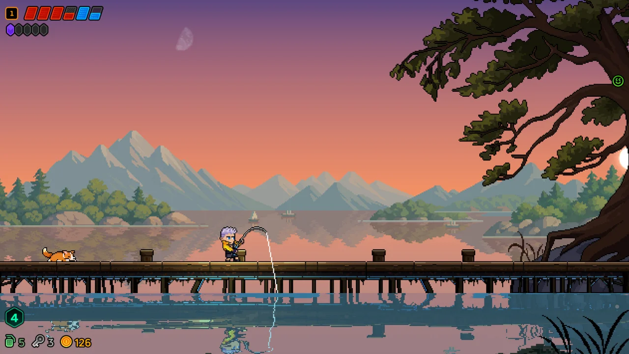 Personagem pesca em lago ao pôr do sol em Neon Abyss 2