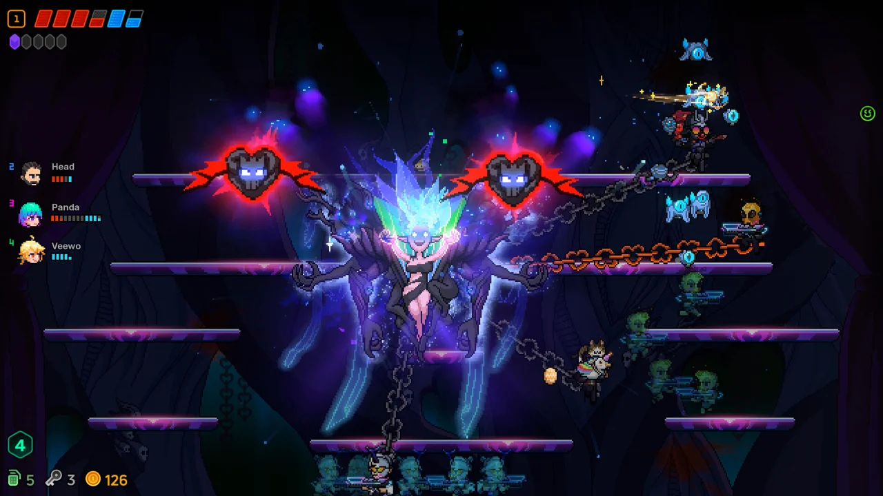 Quatro jogadores enfrentam chefe gigante no cooperativo de Neon Abyss 2