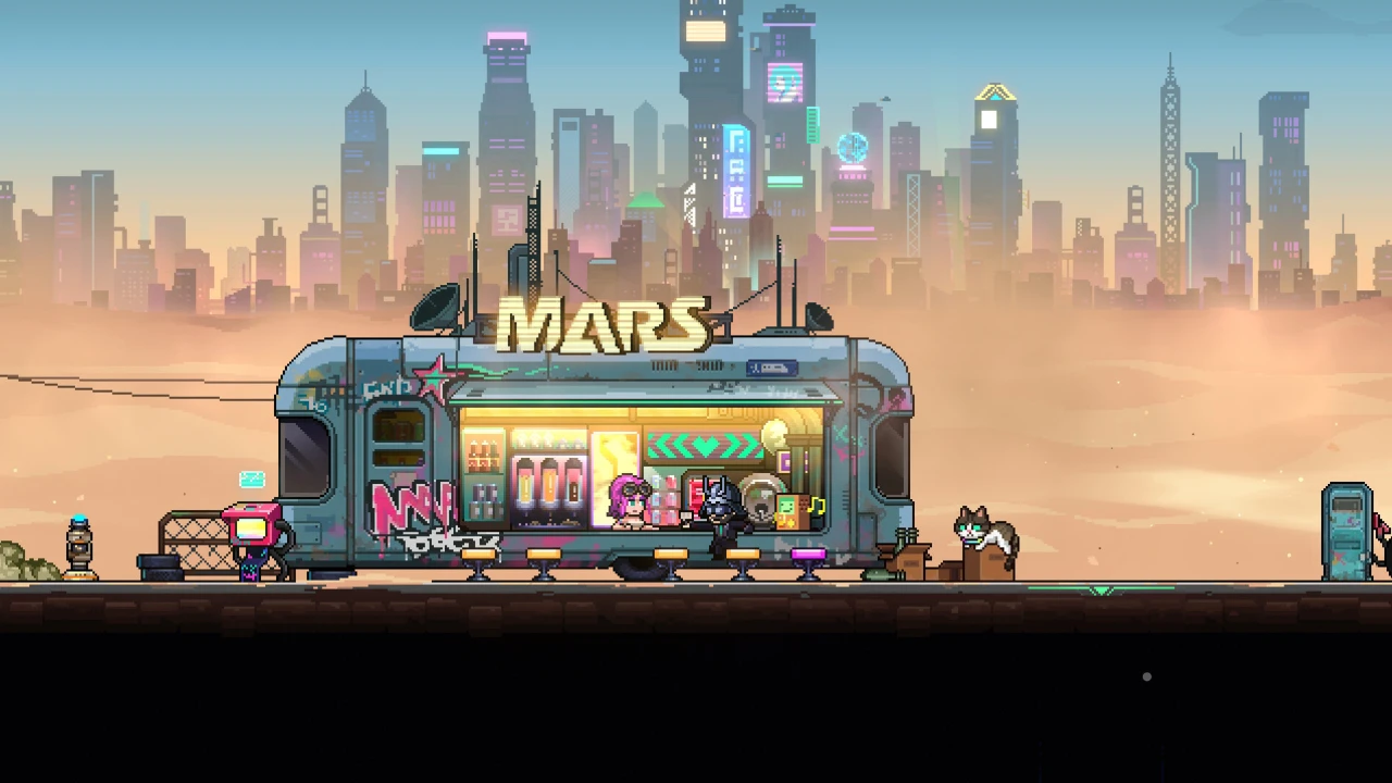 Personagens de Neon Abyss 2 diante de lanchonete em cidade futurista