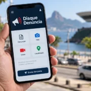 Pessoa segura celular com aplicativo do Disque Denúncia em Niterói