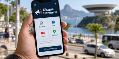 Pessoa segura celular com aplicativo do Disque Denúncia em Niterói