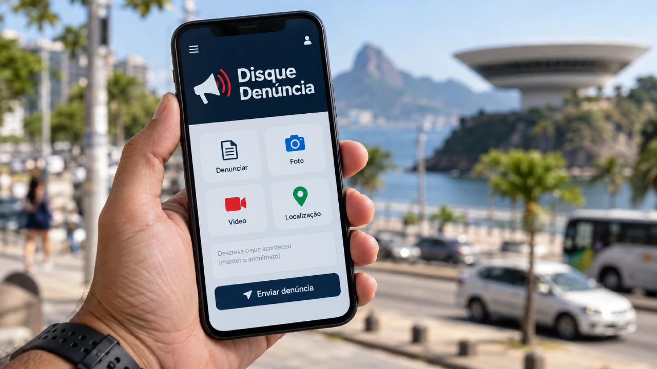 Pessoa segura celular com aplicativo do Disque Denúncia em Niterói