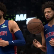 Comparação de NBA 2K27 com Nvidia DLSS 5 desativado à esquerda e ativado à direita, mostrando diferenças na renderização do jogador.