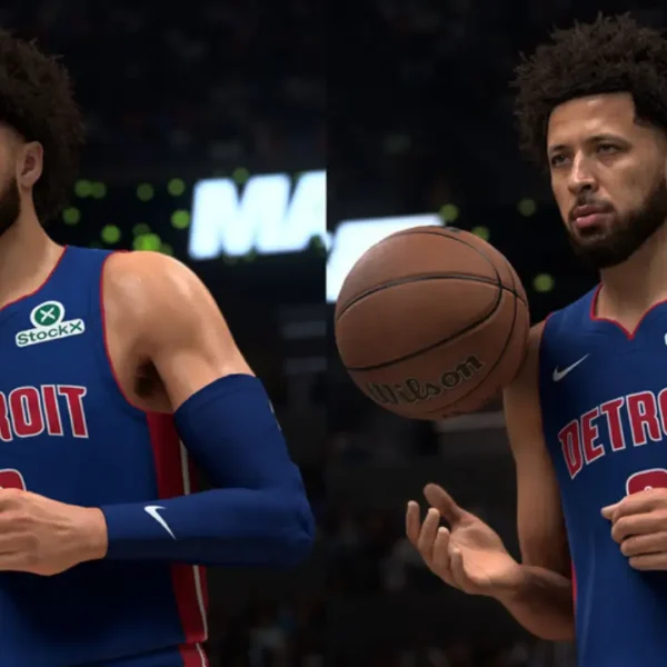 Comparação de NBA 2K27 com Nvidia DLSS 5 desativado à esquerda e ativado à direita, mostrando diferenças na renderização do jogador.