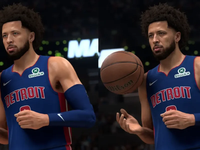Comparação de NBA 2K27 com Nvidia DLSS 5 desativado à esquerda e ativado à direita, mostrando diferenças na renderização do jogador.