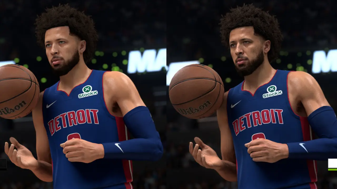 Comparação de NBA 2K27 com Nvidia DLSS 5 desativado à esquerda e ativado à direita, mostrando diferenças na renderização do jogador.