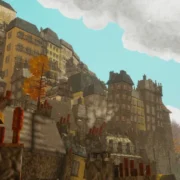 Cenário pixelado da cidade de St. Sectaire em Odd Town, jogo de aventura e mistério em primeira pessoa.