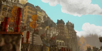 Cenário pixelado da cidade de St. Sectaire em Odd Town, jogo de aventura e mistério em primeira pessoa.