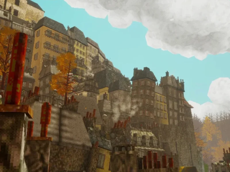 Cenário pixelado da cidade de St. Sectaire em Odd Town, jogo de aventura e mistério em primeira pessoa.