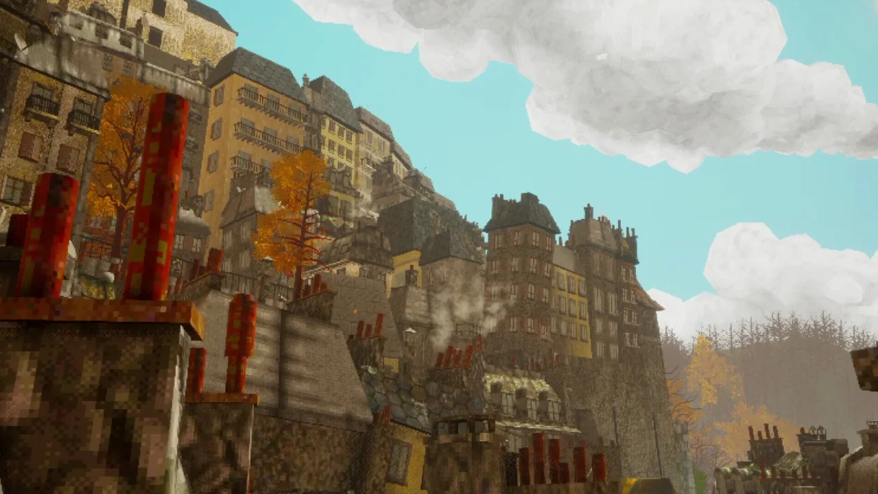 Cenário pixelado da cidade de St. Sectaire em Odd Town, jogo de aventura e mistério em primeira pessoa.