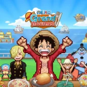 Cena do jogo One Piece: Grand Gourmet com restaurante flutuante e personagens em pixel art.