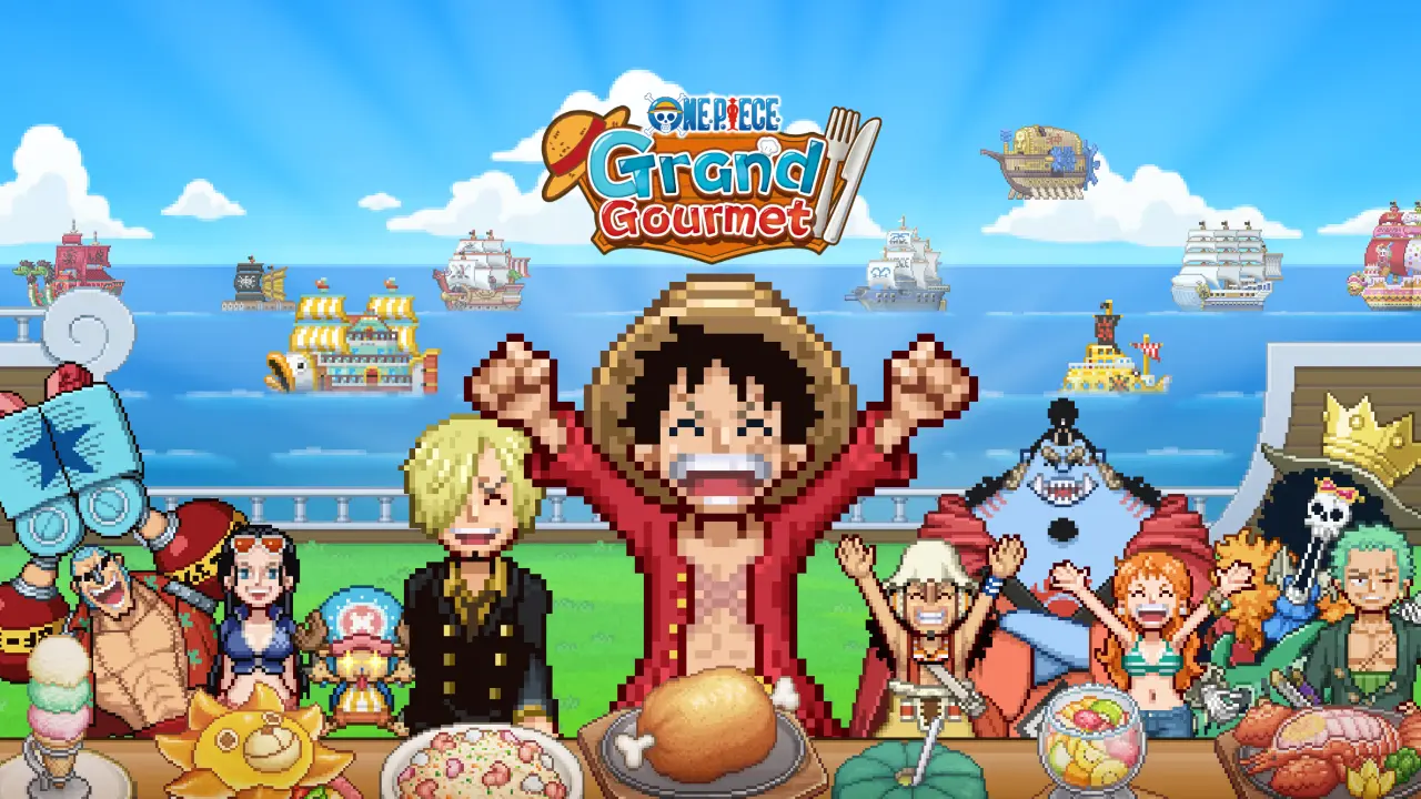Cena do jogo One Piece: Grand Gourmet com restaurante flutuante e personagens em pixel art. Cena do jogo One Piece: Grand Gourmet com restaurante flutuante e personagens em pixel art.