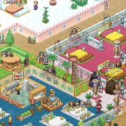 Captura de tela de One Piece: Grand Gourmet mostra personagens em pixel art, mesas de restaurante, jardins e ambientes decorados.