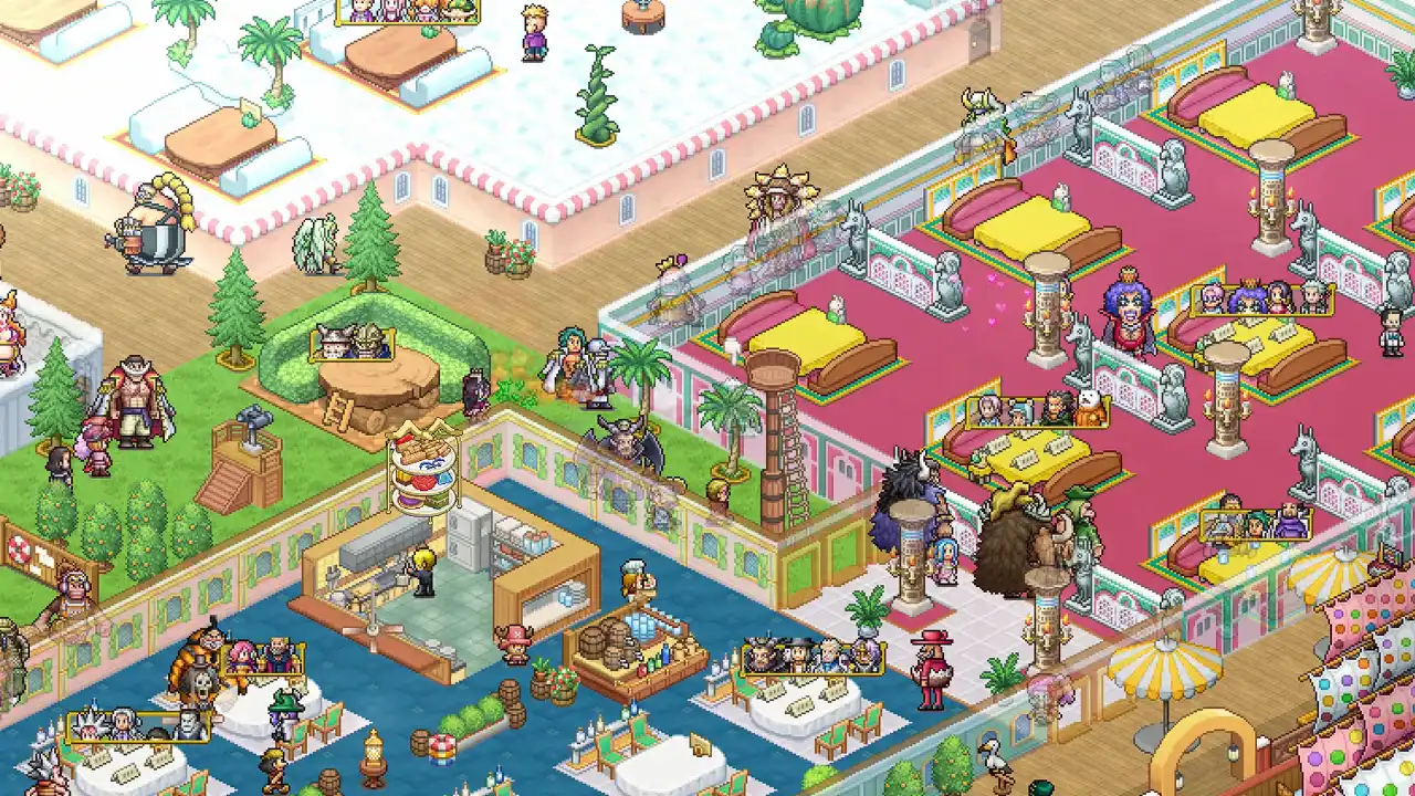 Captura de tela de One Piece: Grand Gourmet mostra personagens em pixel art, mesas de restaurante, jardins e ambientes decorados. Captura de tela de One Piece: Grand Gourmet mostra personagens em pixel art, mesas de restaurante, jardins e ambientes decorados.