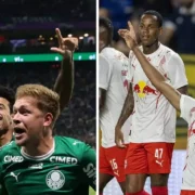 Jogadores do Palmeiras, à esquerda, e do Red Bull Bragantino, à direita, comemoram gols em montagem para o confronto pelo Brasileirão 2026.