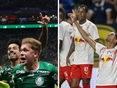 Jogadores do Palmeiras, à esquerda, e do Red Bull Bragantino, à direita, comemoram gols em montagem para o confronto pelo Brasileirão 2026.