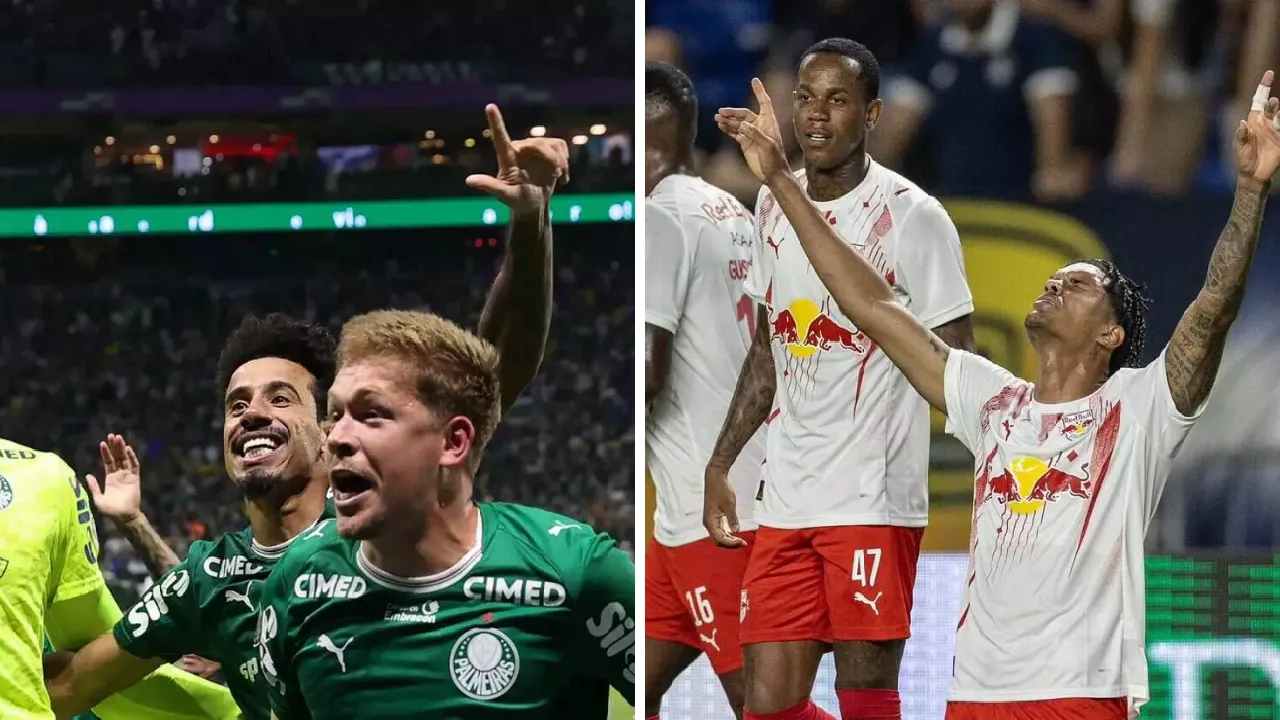Jogadores do Palmeiras, à esquerda, e do Red Bull Bragantino, à direita, comemoram gols em montagem para o confronto pelo Brasileirão 2026. Jogadores do Palmeiras, à esquerda, e do Red Bull Bragantino, à direita, comemoram gols em montagem para o confronto pelo Brasileirão 2026.