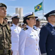Ilustração de militares do Exército, da Marinha e da Força Aérea Brasileira em formação, representando a hierarquia das Forças Armadas.