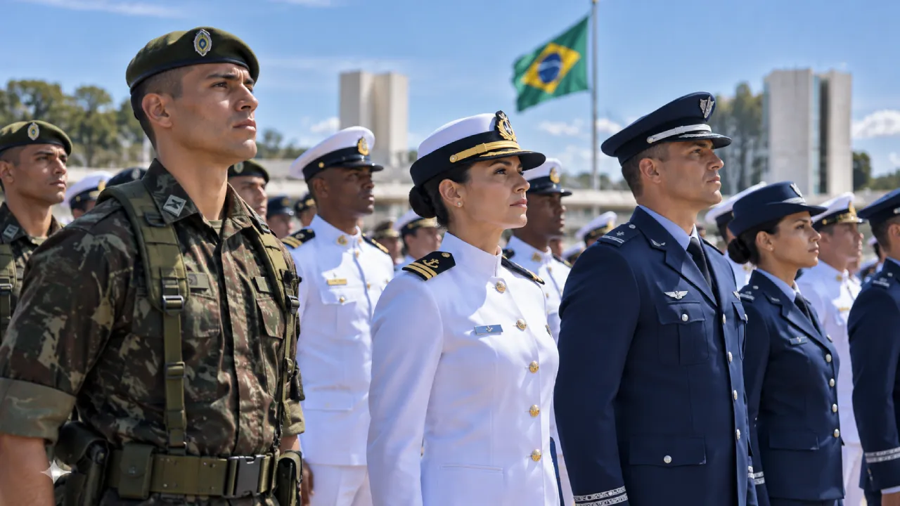 Ilustração de militares do Exército, da Marinha e da Força Aérea Brasileira em formação, representando a hierarquia das Forças Armadas. Ilustração de militares do Exército, da Marinha e da Força Aérea Brasileira em formação, representando a hierarquia das Forças Armadas.