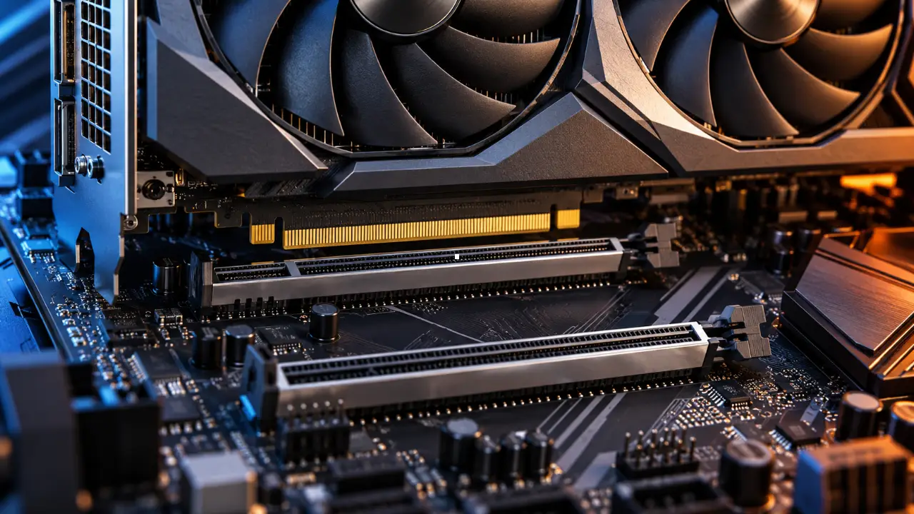 Placa de vídeo com conectores dourados posicionada sobre slots PCI Express de uma placa-mãe, ilustrando conexões PCIe x8 e x16.