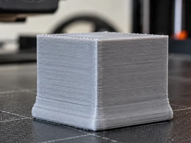 Cubo de calibração impresso em 3D apresenta base alargada pelo defeito conhecido como pé de elefante, com as primeiras camadas projetadas para fora.