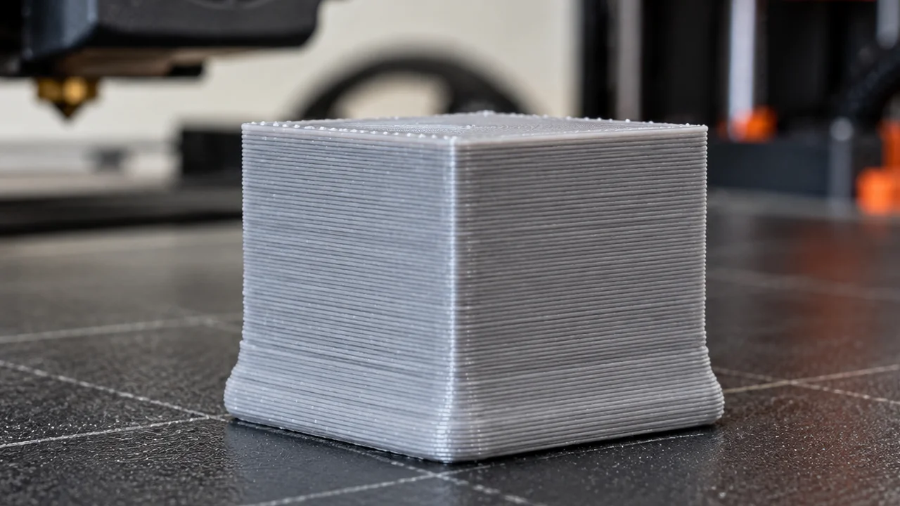 Cubo de calibração impresso em 3D apresenta base alargada pelo defeito conhecido como pé de elefante, com as primeiras camadas projetadas para fora. Cubo de calibração impresso em 3D apresenta base alargada pelo defeito conhecido como pé de elefante, com as primeiras camadas projetadas para fora.