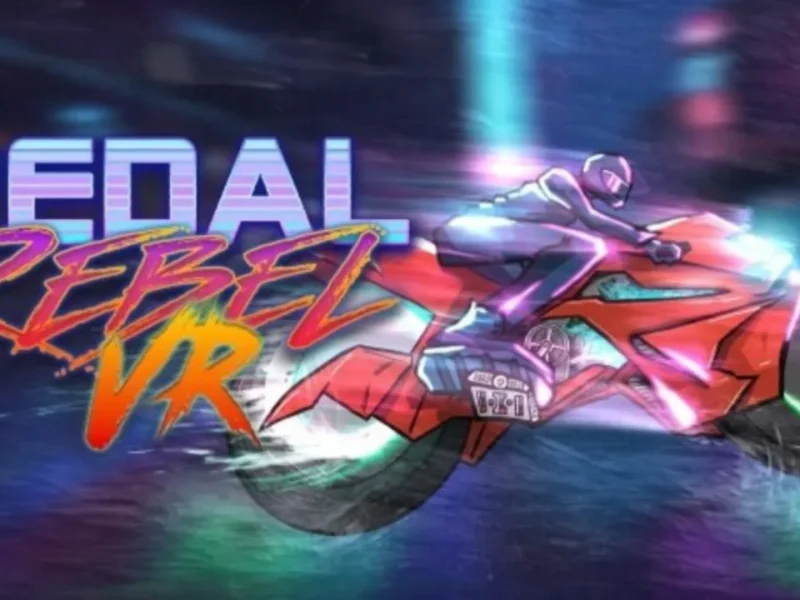 Corrida de moto em cidade cyberpunk no jogo Pedal Rebel VR