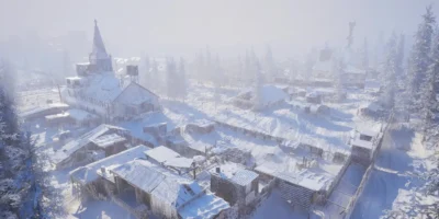 Personagem explora cenário congelado e pós-apocalíptico no jogo de sobrevivência Permafrost.
