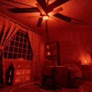 Quarto com cama, janela e ventilador de teto iluminado em vermelho no Halloween de Phasmophobia.