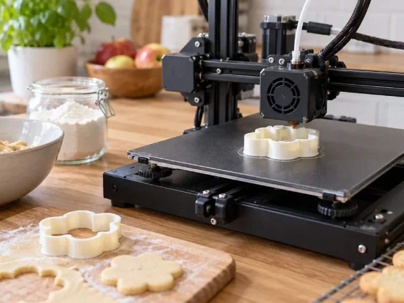 Impressora 3D produz cortador de biscoitos em PLA sobre bancada de cozinha
