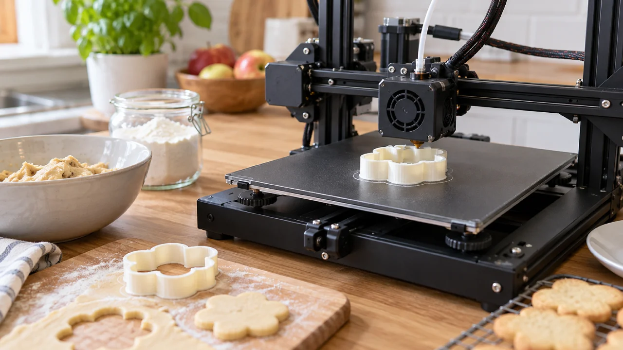 Impressora 3D produz cortador de biscoitos em PLA sobre bancada de cozinha