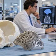 Placa craniana de titânio impressa em 3D ao lado de modelo de crânio