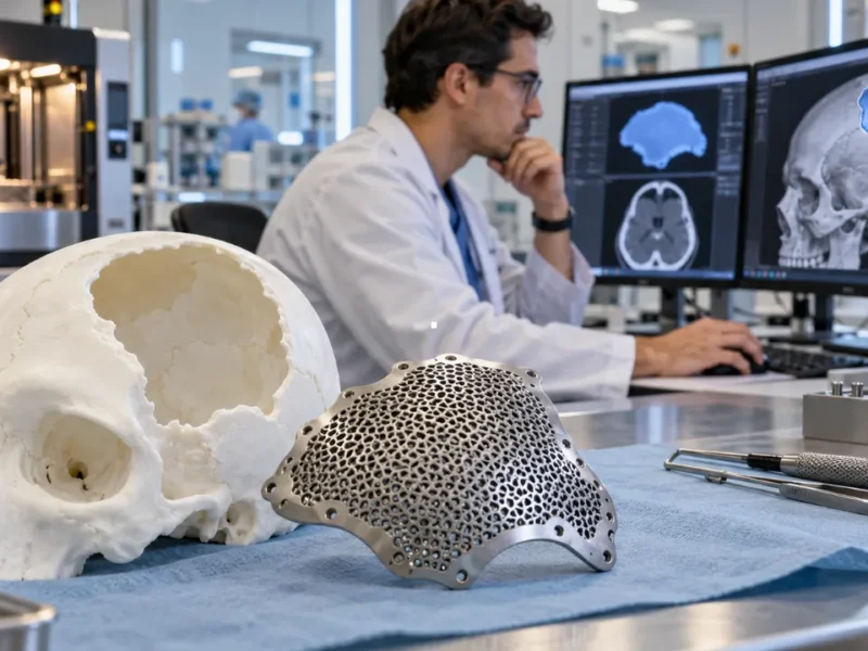 Placa craniana de titânio impressa em 3D ao lado de modelo de crânio
