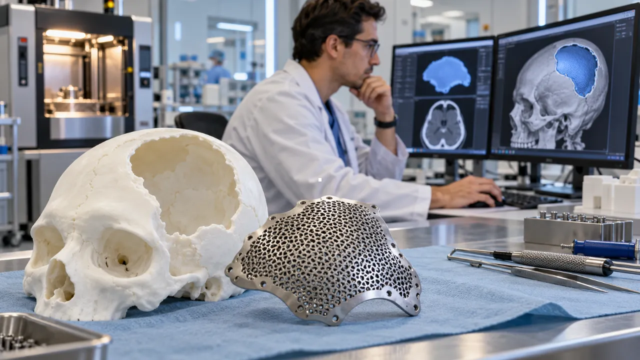 Placa craniana de titânio impressa em 3D ao lado de modelo de crânio